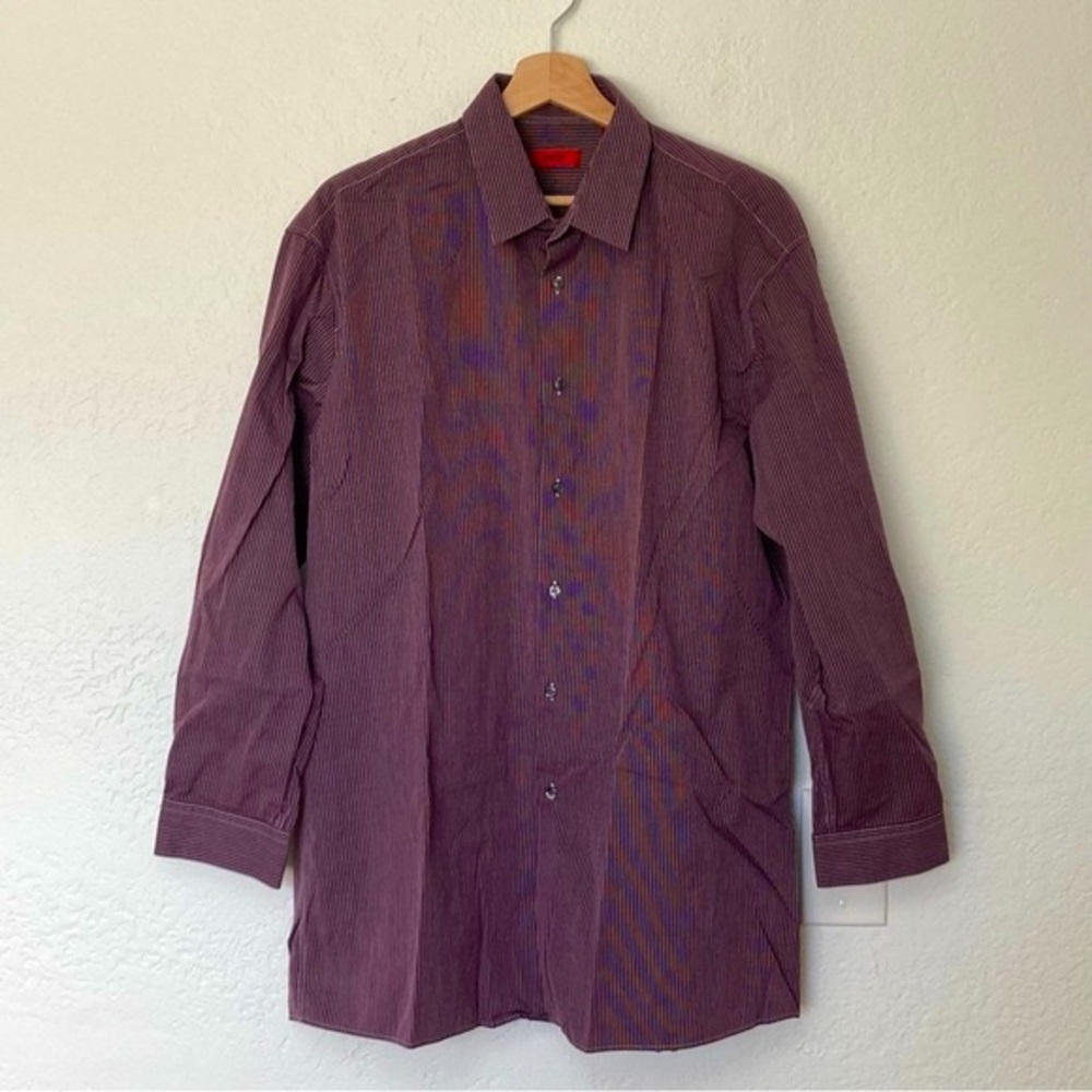 HUGO by Hugo Boss Burgundy Pinstriped Dress Shirt Button Up, Size 44 EU